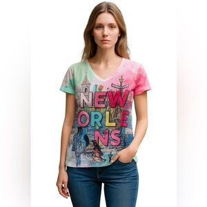 DESIREE COLLECTION GRAPHIC EMBELLISHED V NECK TEE Size XXL Multicolor